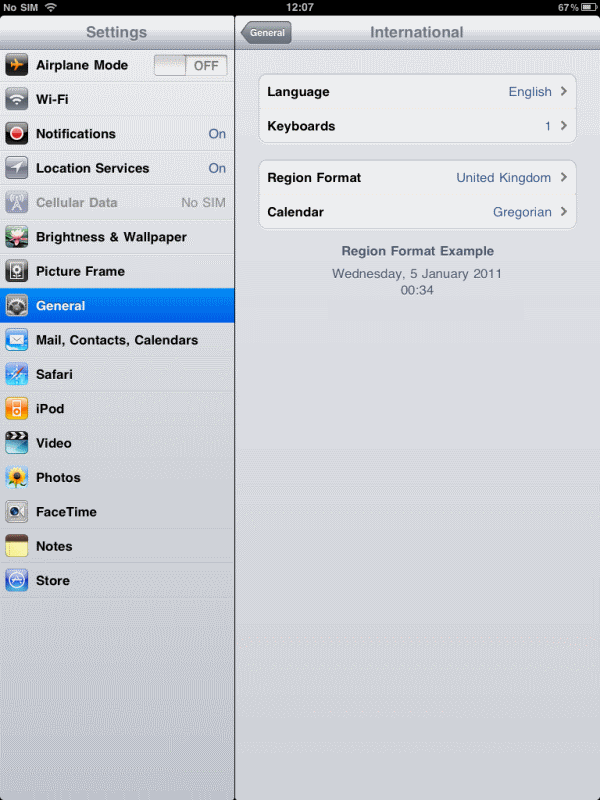 iPad International Settings
