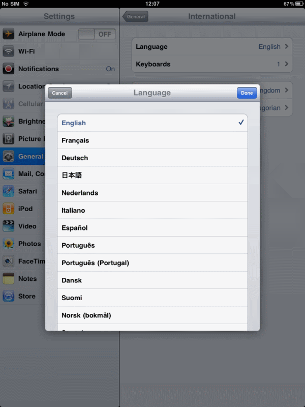 iPad Language dialog (English... as in American English)