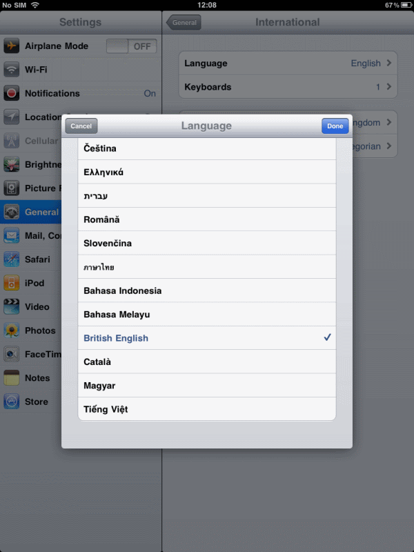 iPad Language (displaying British English)